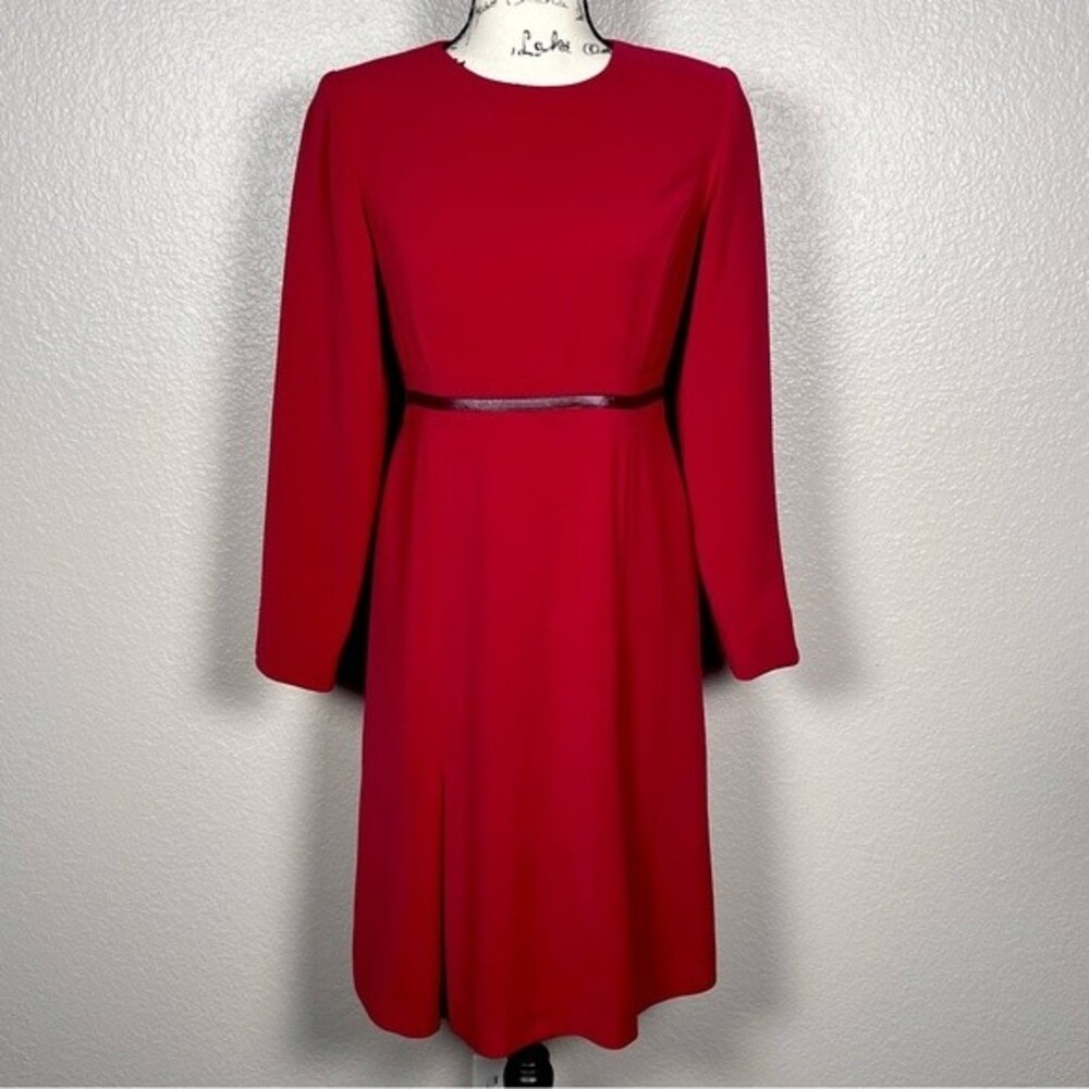 Vintage Kasper Sz 2P Long-Sleeve Midi Sheath Red Dress with Leather Belt Detail
